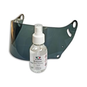 demonstration image of the visor cleaner together with a dark motorcycle visor