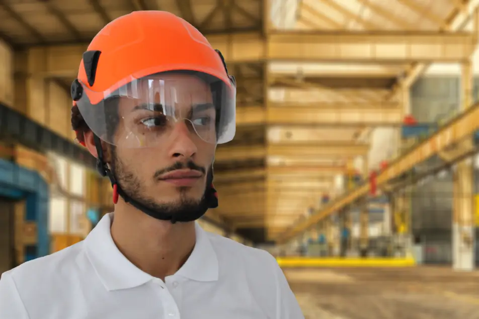 Primo piano di un operaio che indossa un casco di protezione arancione con visiera trasparente con vista sfocata del cantiere alle sue spalle